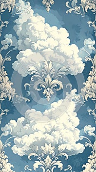 ornate clouds and fleur de lis pattern on blue background