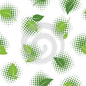 Seamless pattern featuring green leaves interspersed within green dotted circles on a