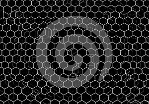 A seamless pattern featuring a grid of white hexagons on a black background. The
