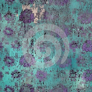 A seamless pattern featuring grunge-style floral designs in shades of purple and black, set against a vibrant turquoise