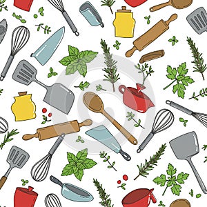 Seamless pattern featuring kitchen utensils and herbs. Items include whisks,
