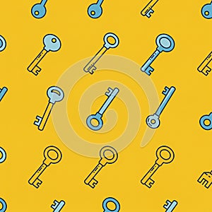Seamless pattern featuring light blue vintage keys on a bright yellow background. The
