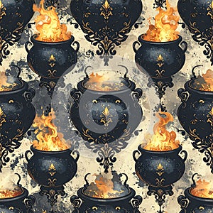 Seamless pattern with magic cauldron and fire, Halloween background