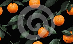 A seamless pattern featuring oranges with green leaves on a black background.