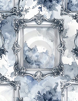 Ornate Silver Frame with Abstract Watercolor Clouds Pattern