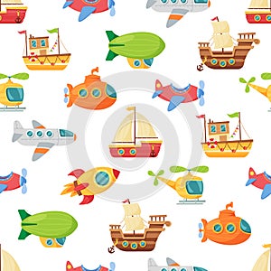 Seamless Pattern Featuring Playful Combination Of Toy Ships, Rockets, Dirigibles And Planes, Vector Illustration