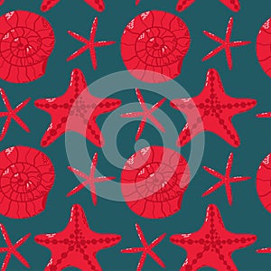 Seamless Pattern Featuring Red Starfish and Shells with Marine Theme.