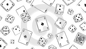 A seamless pattern featuring scattered playing cards and dice, s