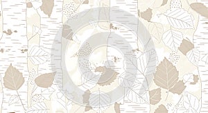 Birch Tree and Leaves Seamless Pattern