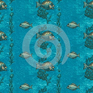 Seamless pattern featuring stylized marine life, including fish and seaweed, on a