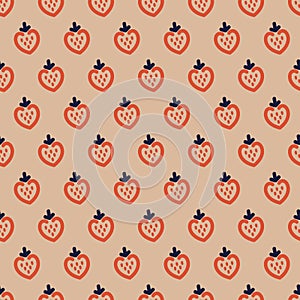 Seamless Stylized Strawberry Doodle Pattern on Muted Pink Background