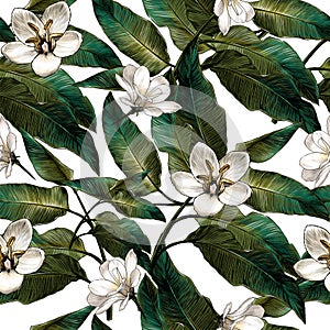 Seamless pattern featuring tropical leaves and flowers