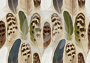 A seamless pattern featuring a variety of feathers in different colors and patterns. The design