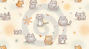 A seamless pattern featuring various cute cartoon cats in different poses