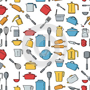 A seamless pattern featuring various kitchen utensils and cookware on a white