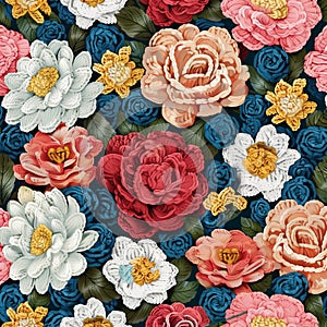 Seamless pattern featuring various popular floral motifs in detailed crocheted style, seamless pattern in all directions