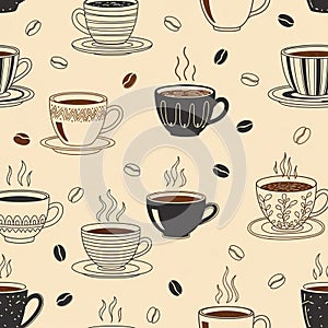Seamless pattern featuring various stylized coffee cups on a beige background