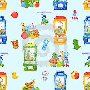 Seamless Pattern Featuring Vibrant Grabber Machines And Toys In Various Colors And Designs, Cartoon Vector Illustration