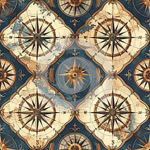 Vintage Compass Rose Nautical Map Seamless Pattern