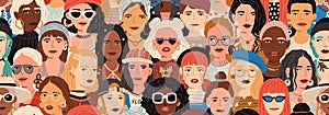 Seamless pattern with female faces. Banner with crowd of fashion and stylish modern women. Colorful repeatable