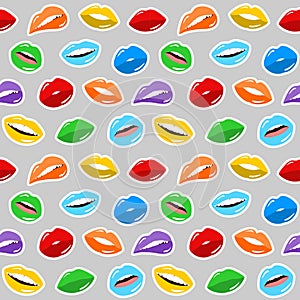 Seamless pattern of female lips with bright colors of lipstick on a gray background. Pattern of female mouth gestures