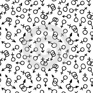 Seamless pattern with female and male gender symbols hand drawn outline doodle icon. Sex and love diversity concept. Symbol of