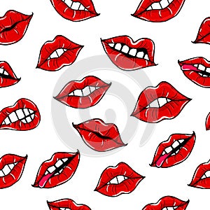 Seamless pattern with female mouth with red lips. Womens lips on a white background. Vector illustration of lips.