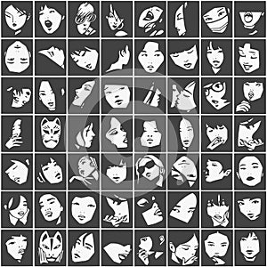 Seamless pattern of female portraits in black and white