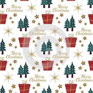 Seamless pattern with festive Christmas gift, trees in snow, stars and snowflakes