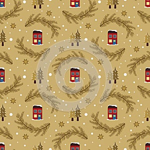 Seamless pattern with festive Christmas houses, trees in snow and stars