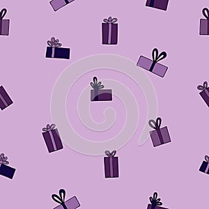 Seamless pattern with festive gifts on a lilac background.