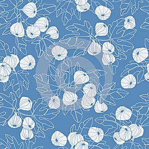 Seamless pattern. Fig tree branches with fruit in toile de jouy style Outlined vector illustration on blue background