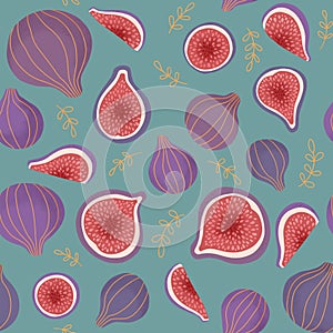 Seamless pattern with figs, fig tree, leaves