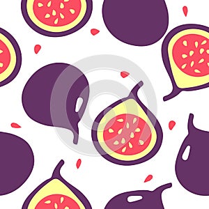 Seamless pattern with figs - one whole and one cut. Summer tropic fruits.