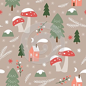 Seamless  pattern with fir trees and amanita mushrooms