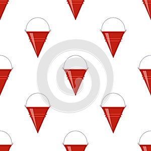 Seamless pattern with fire bucket. Red metal cone bucket empty or with water for fire fighting on white background. Cartoon style