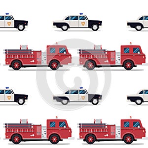 Seamless pattern of the fire engine and police car.