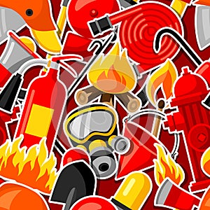 Seamless pattern with firefighting stickers. Fire protection equipment