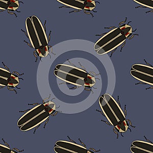 Seamless pattern with firefly beetle Lampyridae. photinus pyralis. hand-drawn firefly .