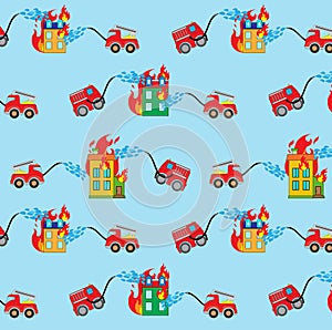 Seamless pattern with firetrucks and buildings.