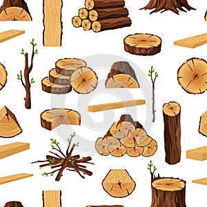 Seamless pattern of firewood materials, rerepeating background with wooden elements. Wood logs stubs tree trunk branches