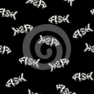 Seamless pattern with fish on a black background Lettering grunge texture in the word form fish Modern art pattern for wallpaper