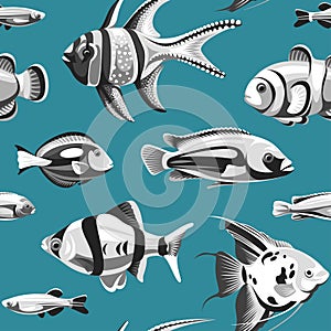Seamless pattern with fish isolated on a blue background. Illustration of underwater life.