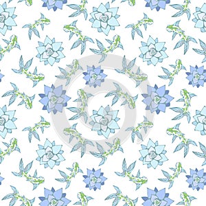 Seamless pattern with fish and lotus flowers in pastel green and blue color.