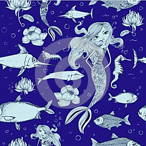 Seamless pattern with fish and mermaid