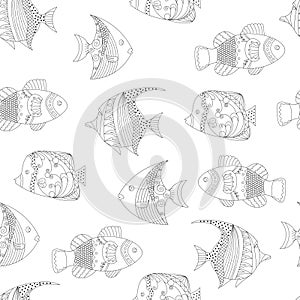 Seamless pattern Fish, ornamental graphic fish, floral line pattern. Vector. Zentangle doodle. Coloring book page for adult. Hand