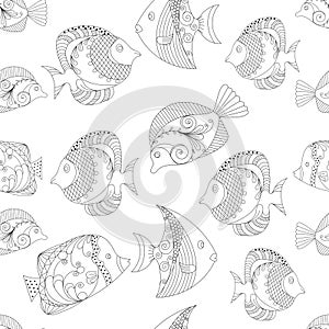 Seamless pattern Fish, ornamental graphic fish, floral line pattern. Vector. Zentangle doodle. Coloring book page for adult. Hand