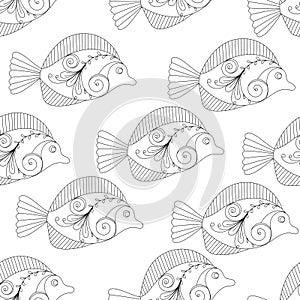 Seamless pattern Fish, ornamental graphic fish, floral line pattern. Vector. Zentangle doodle. Coloring book page for adult. Hand