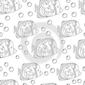 Seamless pattern Fish, ornamental graphic fish, floral line pattern. Vector. Zentangle doodle. Coloring book page for adult. Hand