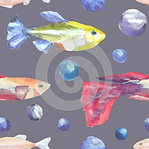 Seamless pattern with fish. Painted in watercolor.